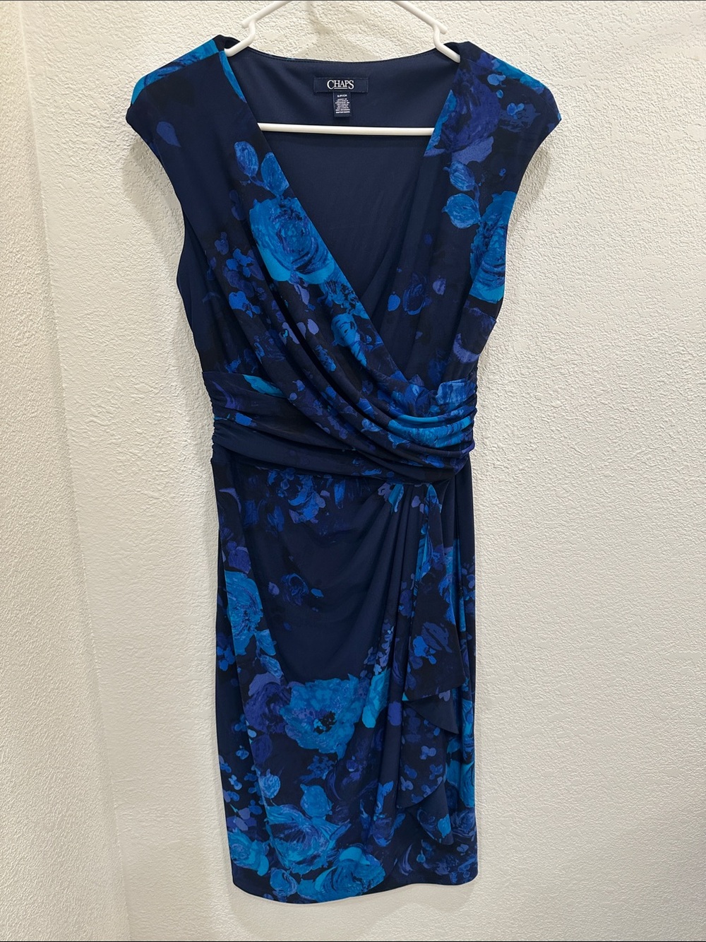 Navy Blue Floral Faux-Wrap Midi Dress